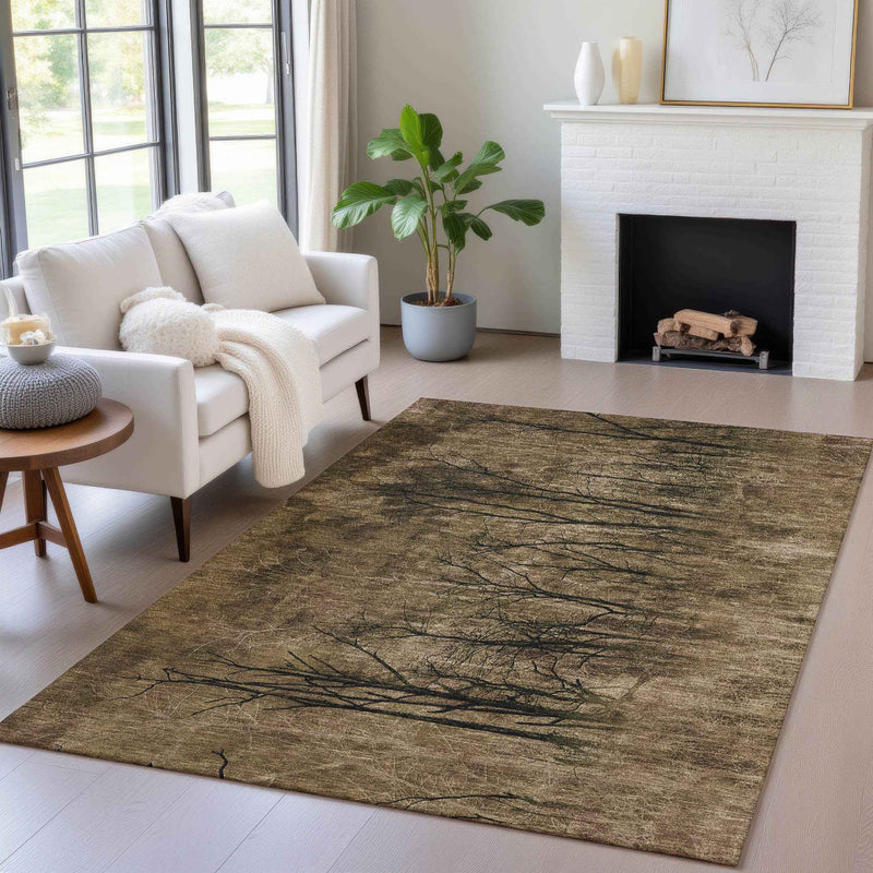 9' X 12' Brown And Charcoal Floral Washable Indoor Outdoor Area Rug