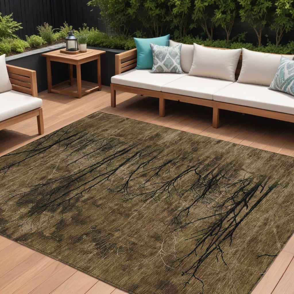 9' X 12' Brown And Charcoal Floral Washable Indoor Outdoor Area Rug