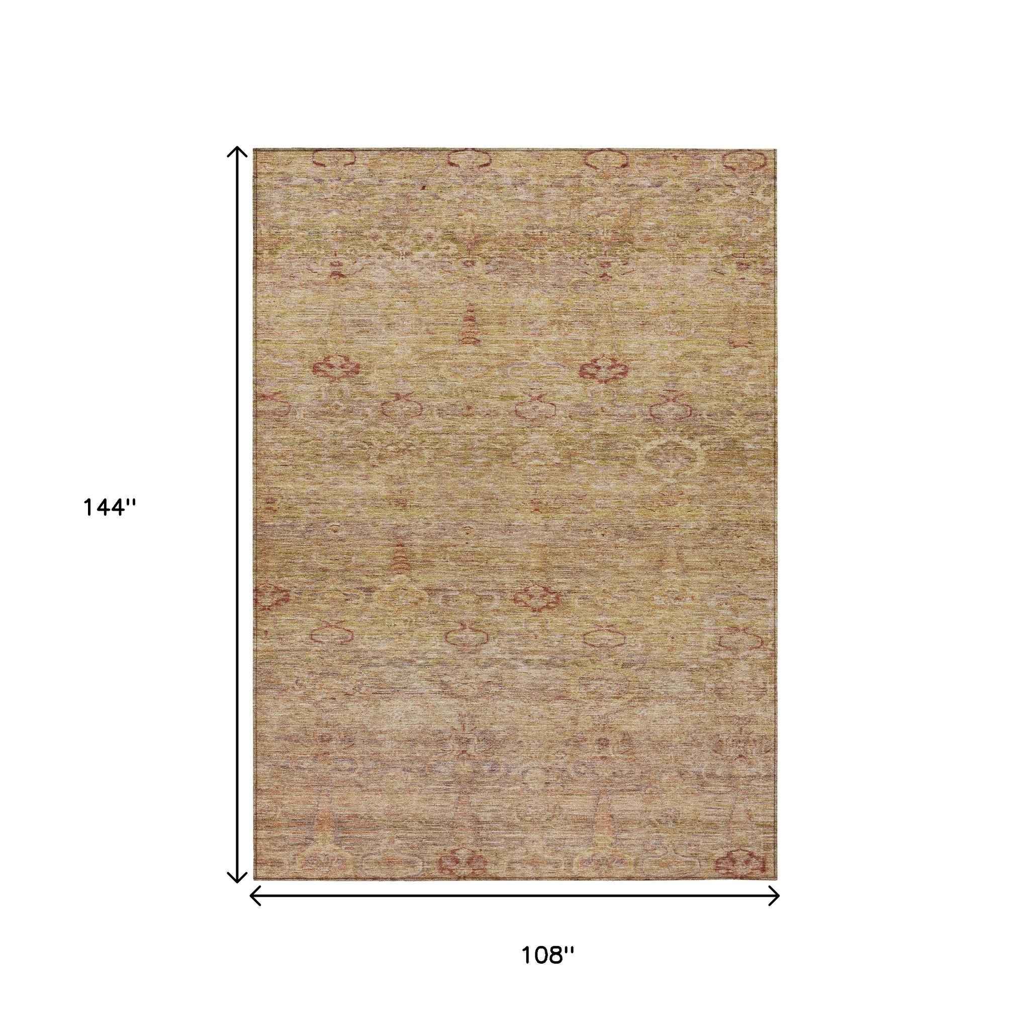 9' X 12' Coral And Copper Oriental Washable Indoor Outdoor Area Rug