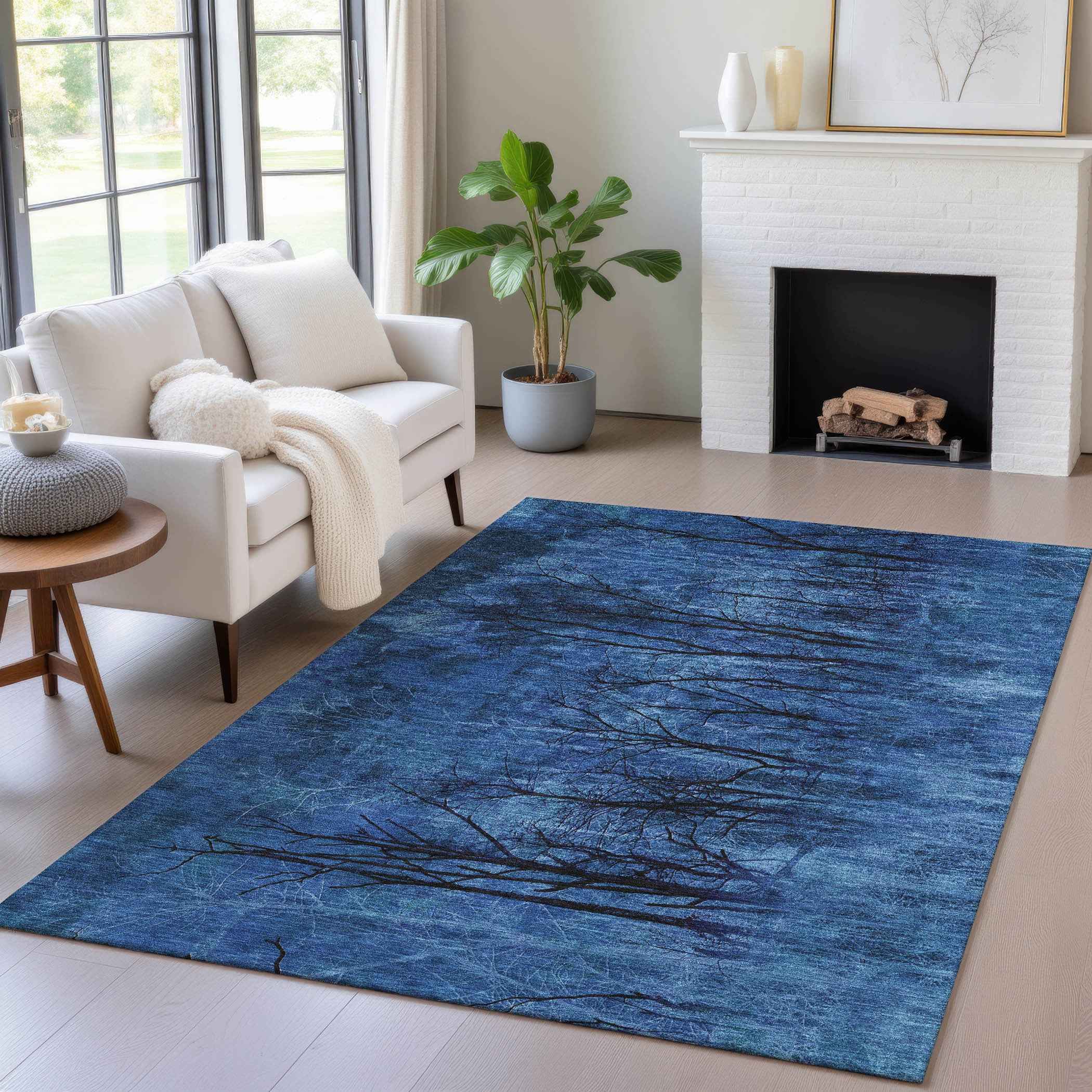 9' X 12' Blue And Charcoal Floral Washable Indoor Outdoor Area Rug