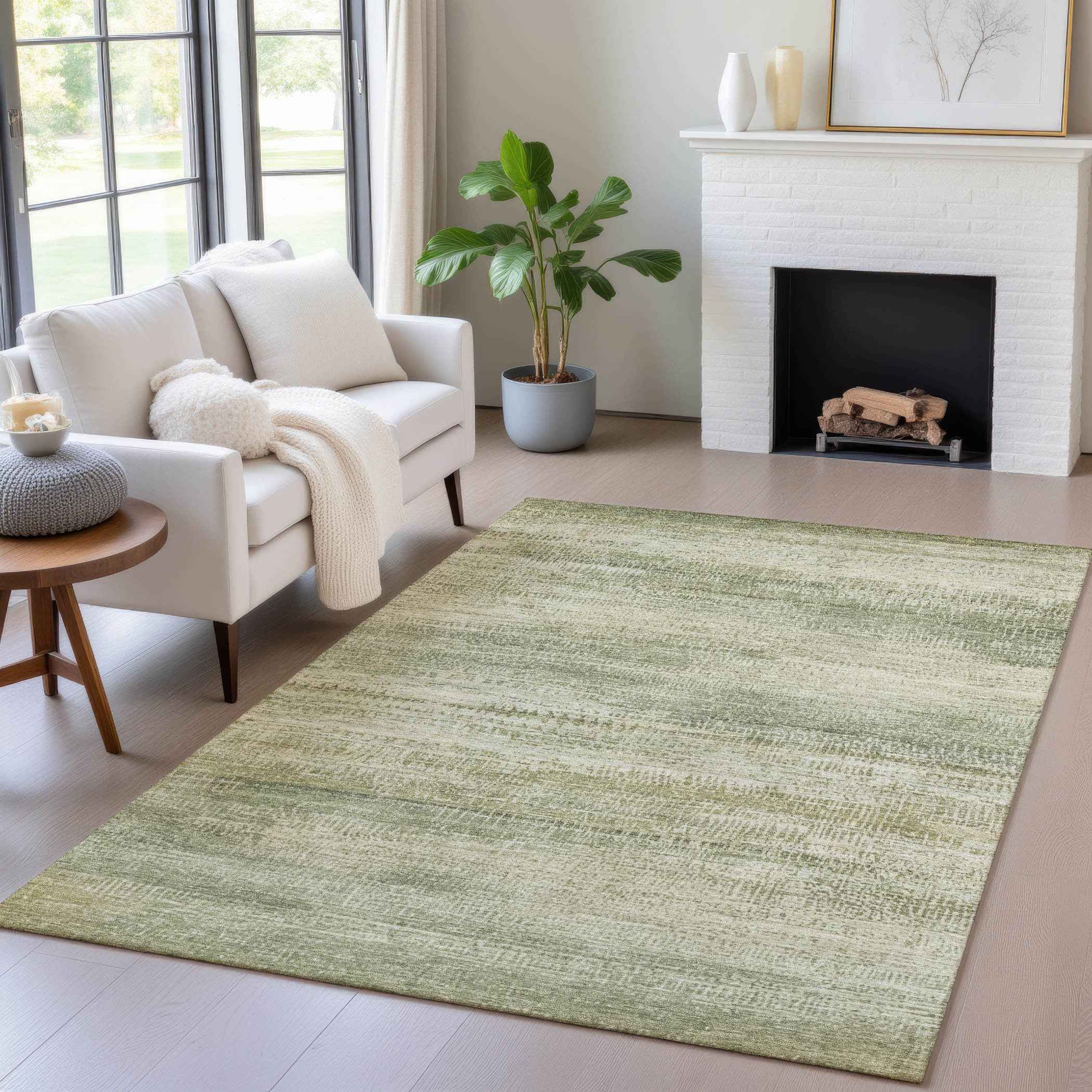 8' X 10' Artichoke Green And Beige Abstract Washable Indoor Outdoor Area Rug