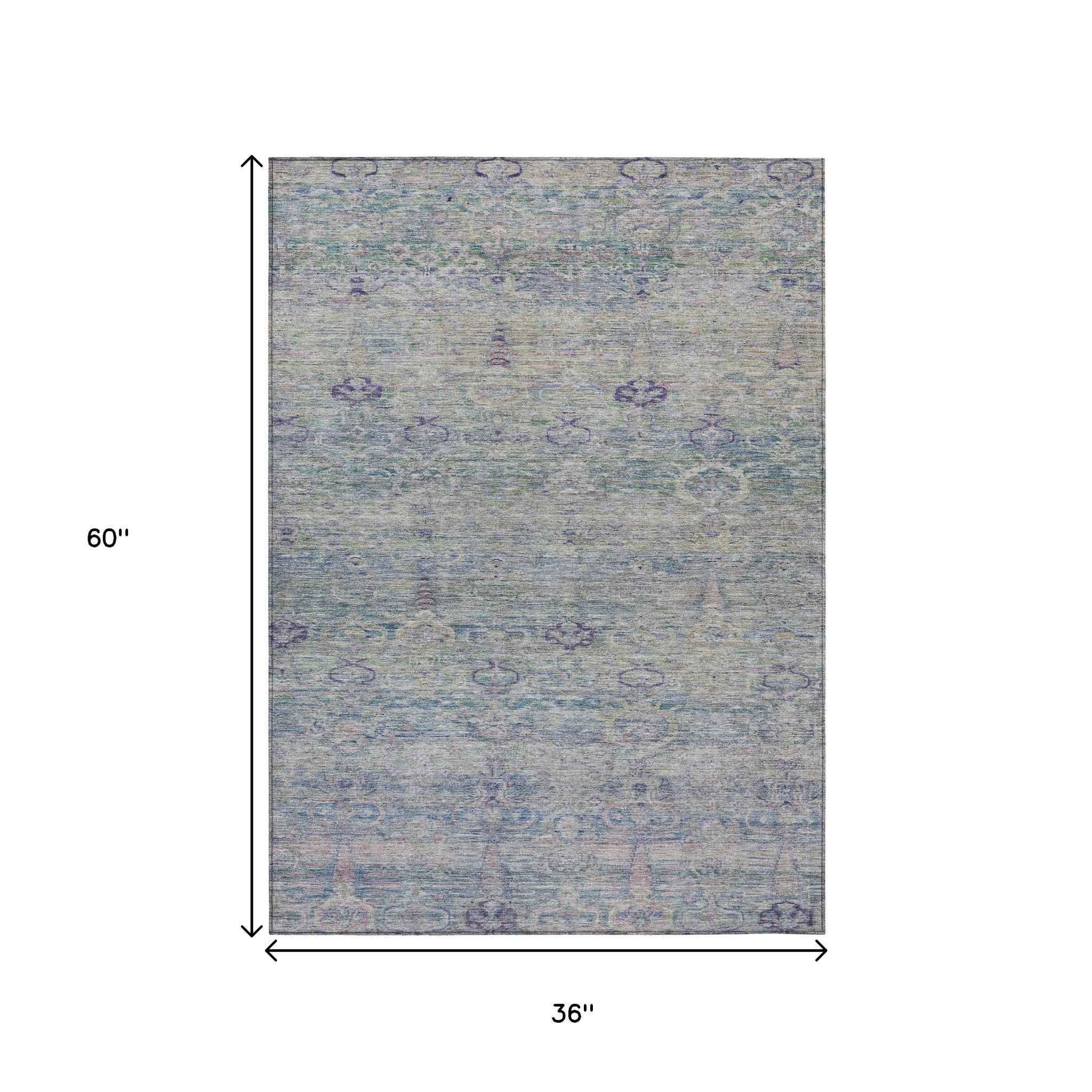 3' X 5' Plum And Silver Oriental Washable Indoor Outdoor Area Rug