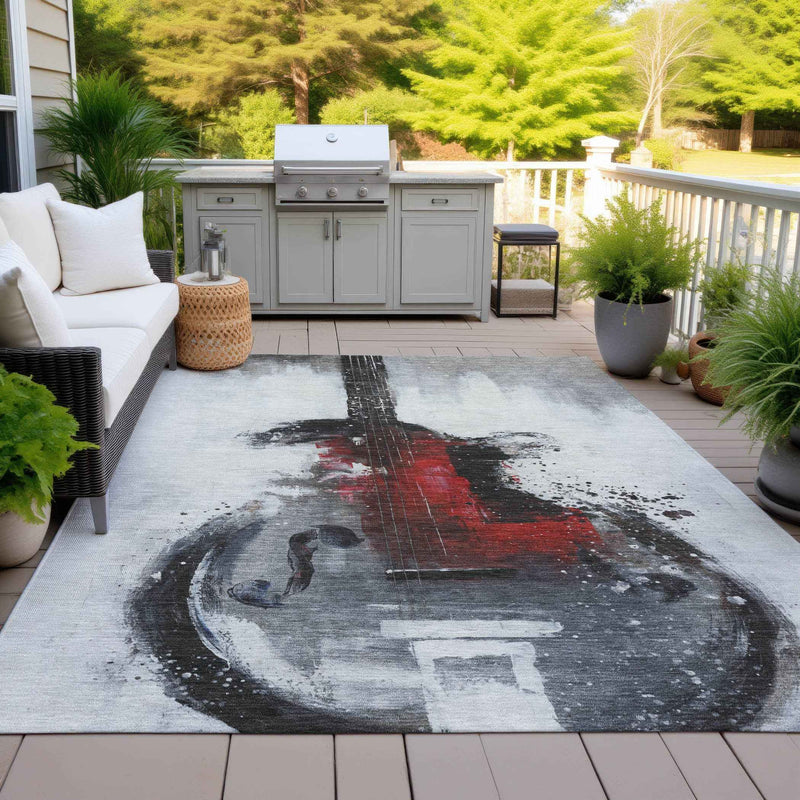 8' X 10' Gray Charcoal And Red Abstract Washable Indoor Outdoor Area Rug