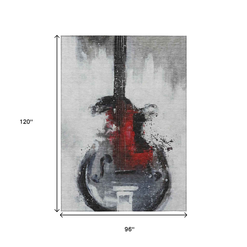 8' X 10' Gray Charcoal And Red Abstract Washable Indoor Outdoor Area Rug