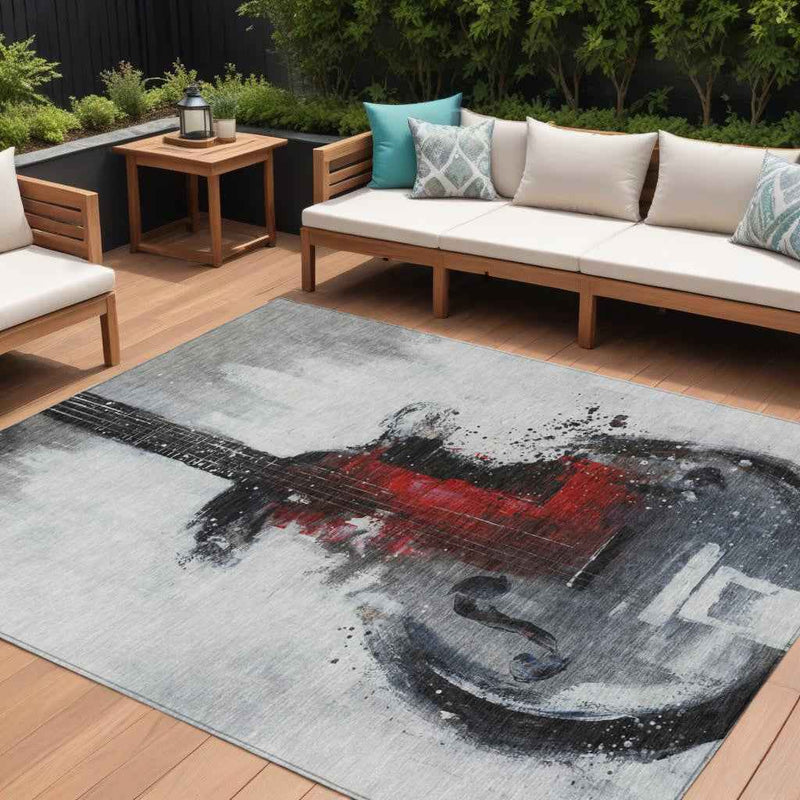 8' X 10' Gray Charcoal And Red Abstract Washable Indoor Outdoor Area Rug