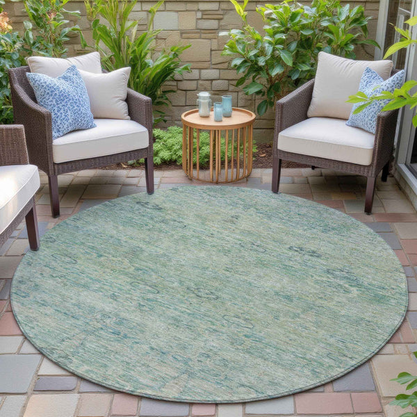 8' Teal Blue And Linen Round Oriental Washable Indoor Outdoor Area Rug