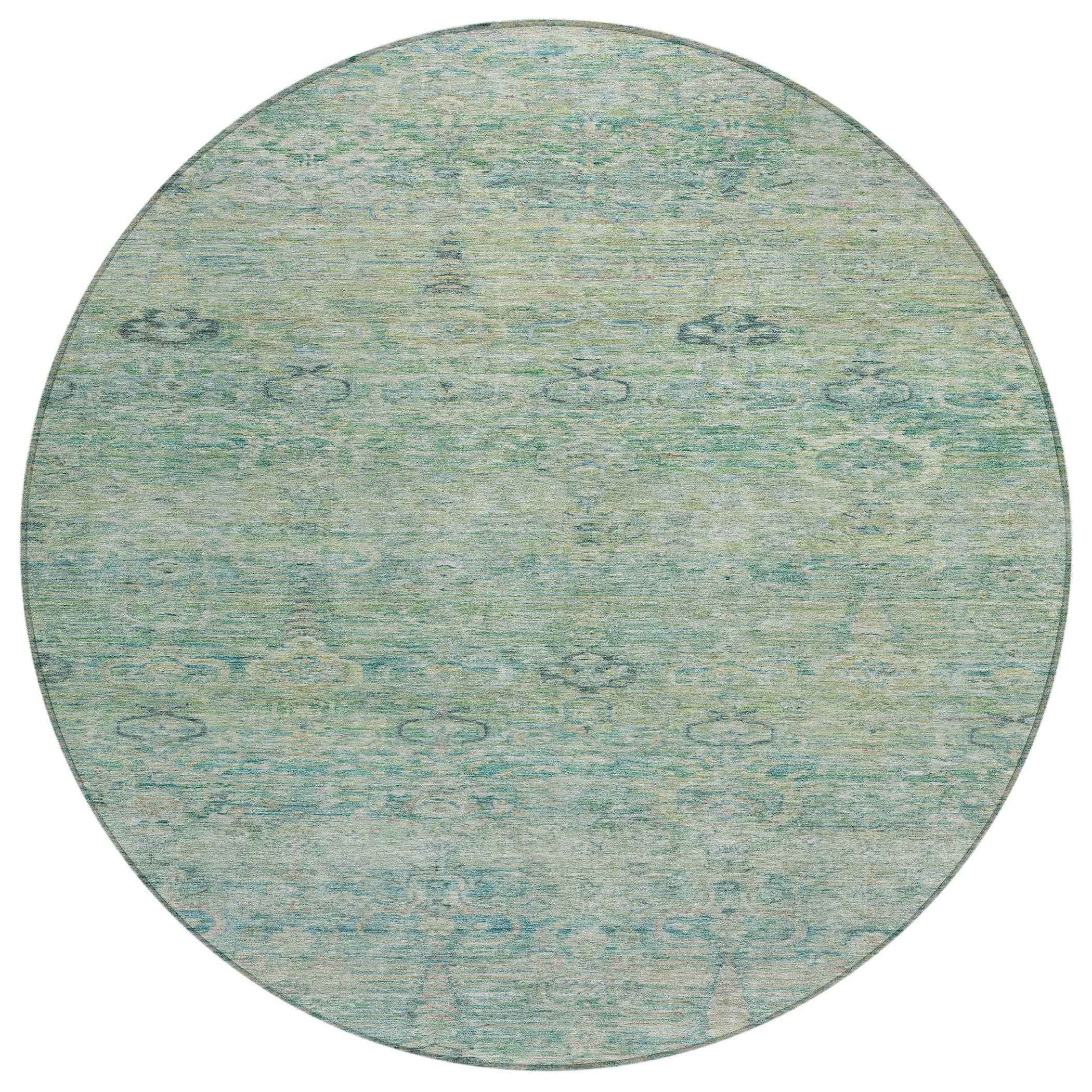 8' Teal Blue And Linen Round Oriental Washable Indoor Outdoor Area Rug