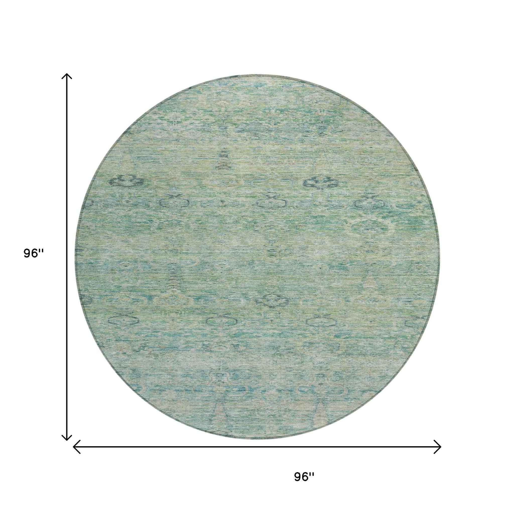 8' Teal Blue And Linen Round Oriental Washable Indoor Outdoor Area Rug