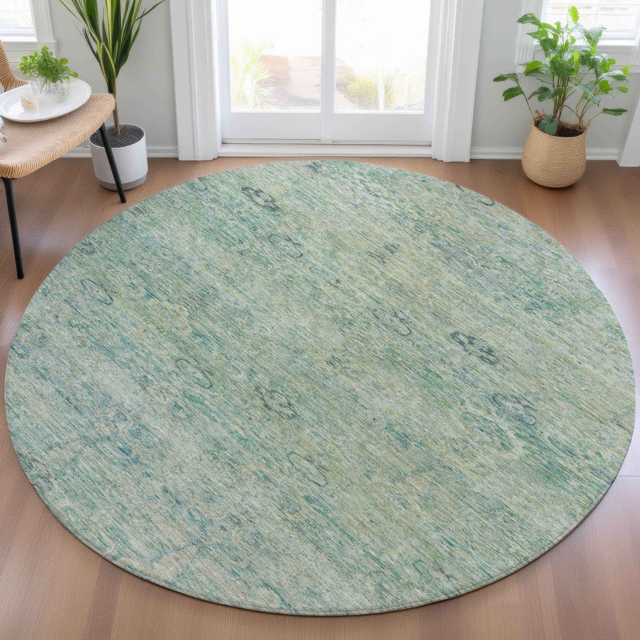 8' Teal Blue And Linen Round Oriental Washable Indoor Outdoor Area Rug