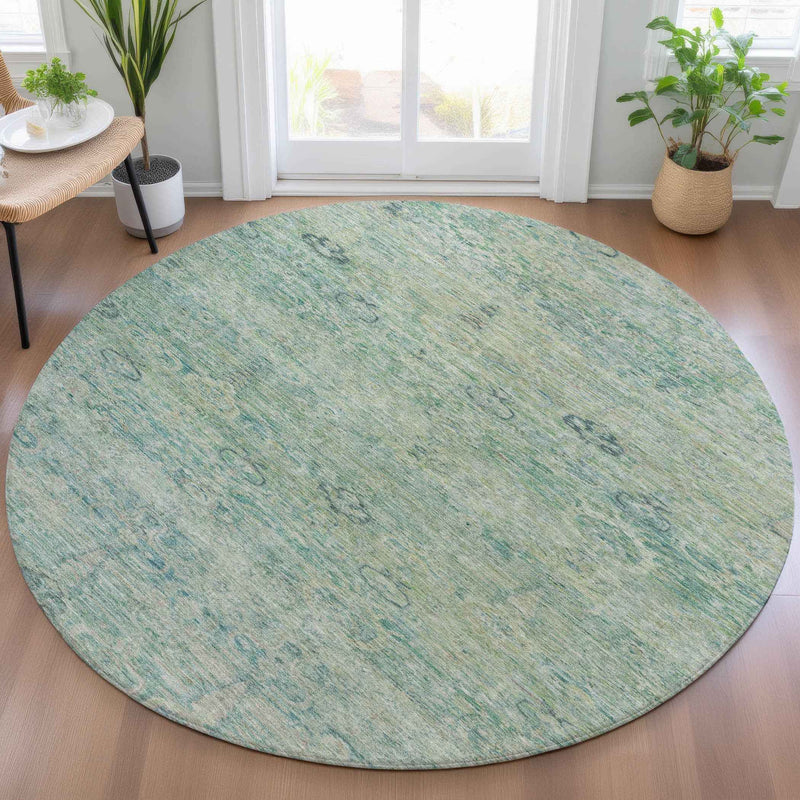 8' Teal Blue And Linen Round Oriental Washable Indoor Outdoor Area Rug