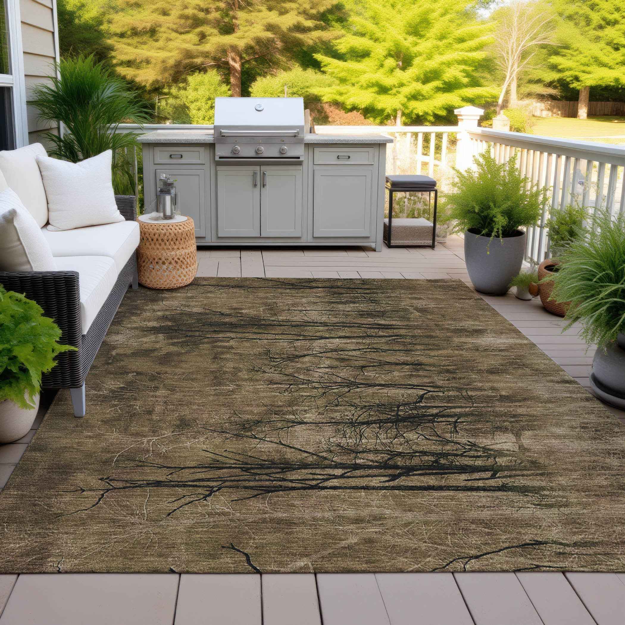 8' X 10' Brown And Charcoal Floral Washable Indoor Outdoor Area Rug
