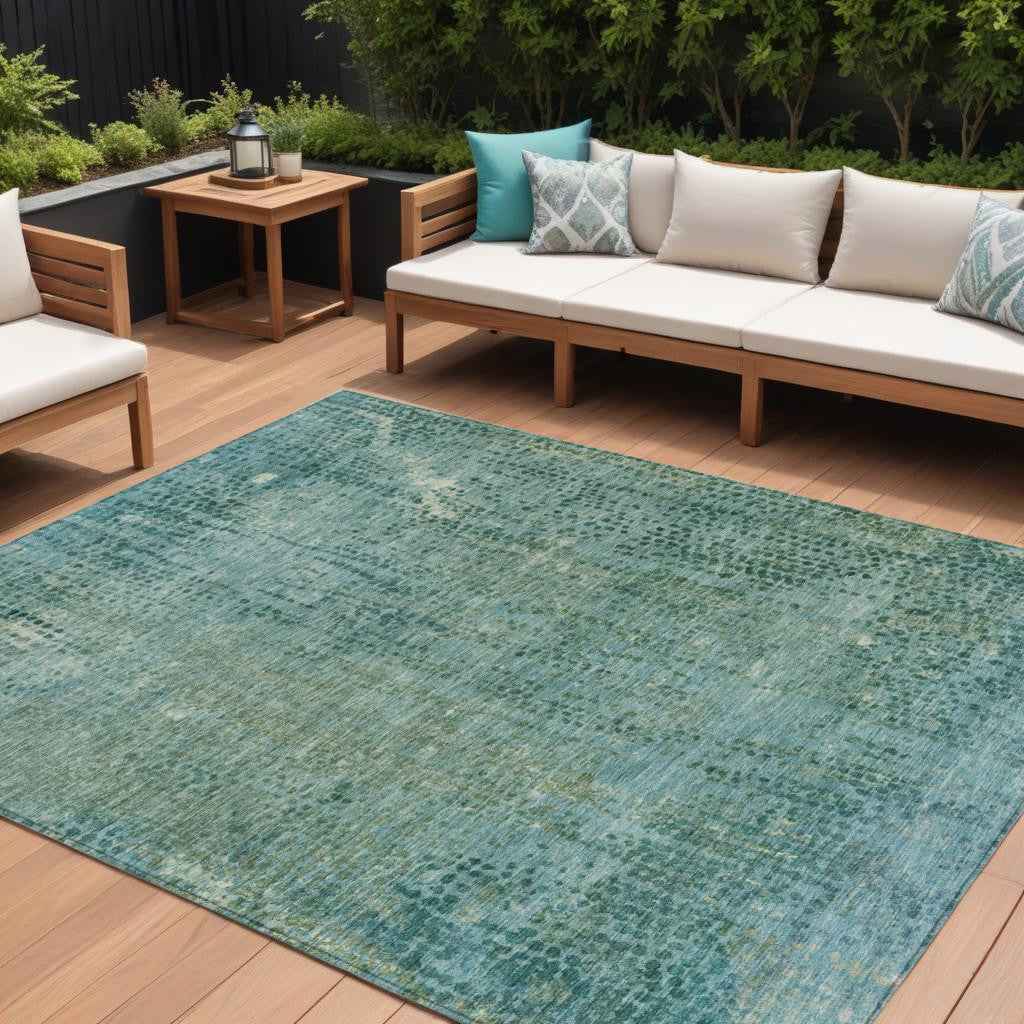 8' X 10' Teal Blue And Ivory Abstract Washable Indoor Outdoor Area Rug