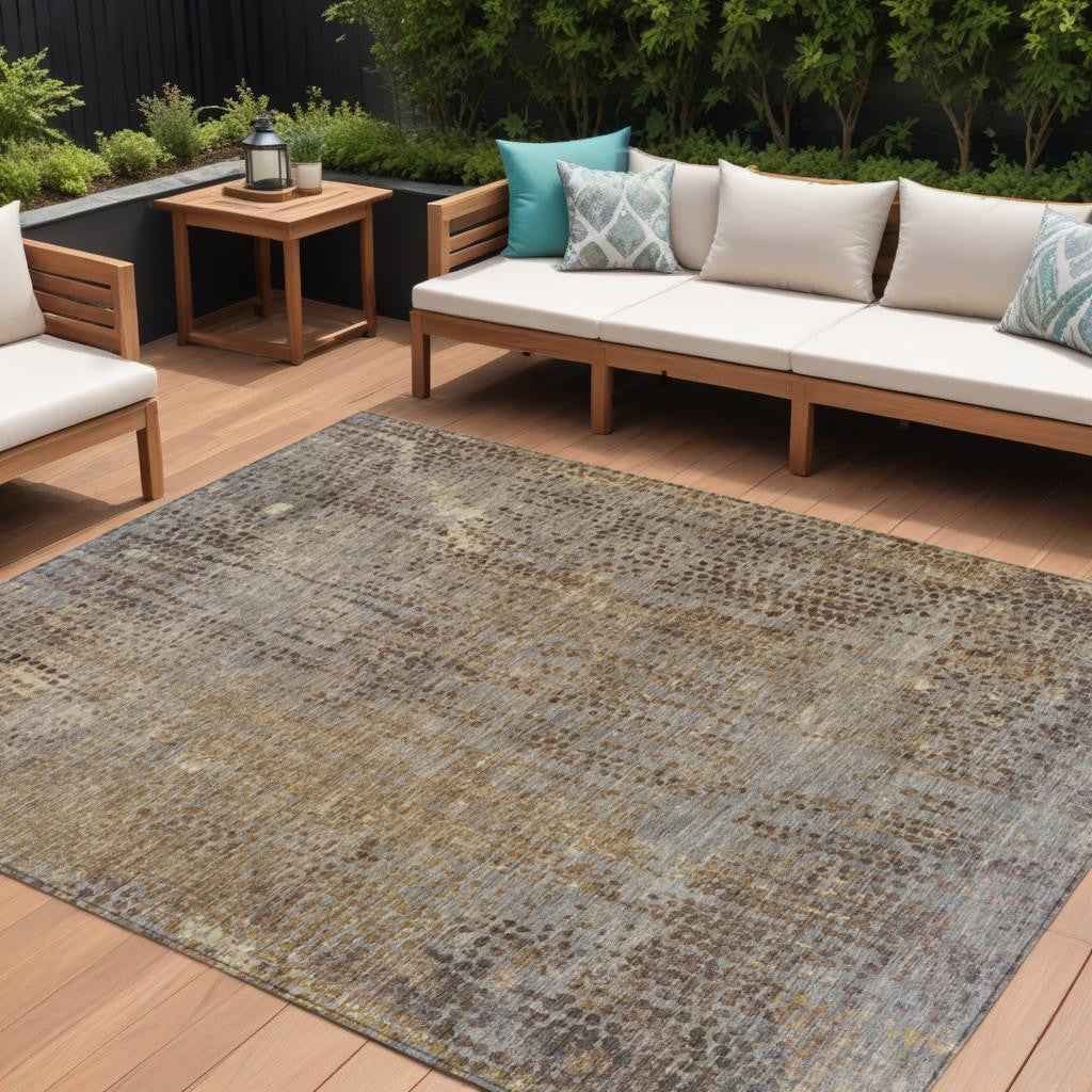9' X 12' Brown And Ivory Abstract Washable Indoor Outdoor Area Rug