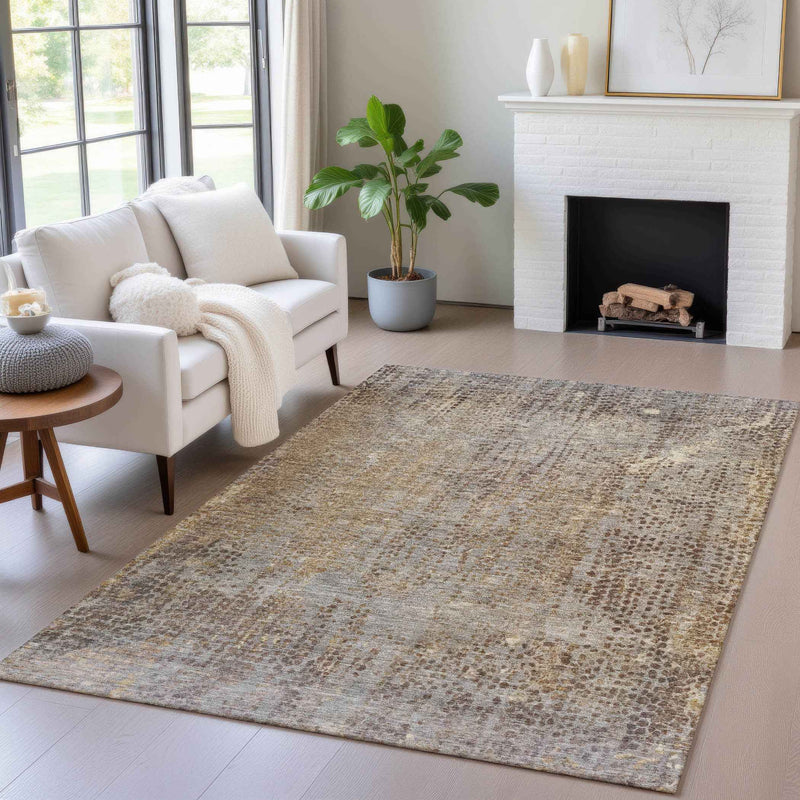 9' X 12' Brown And Ivory Abstract Washable Indoor Outdoor Area Rug