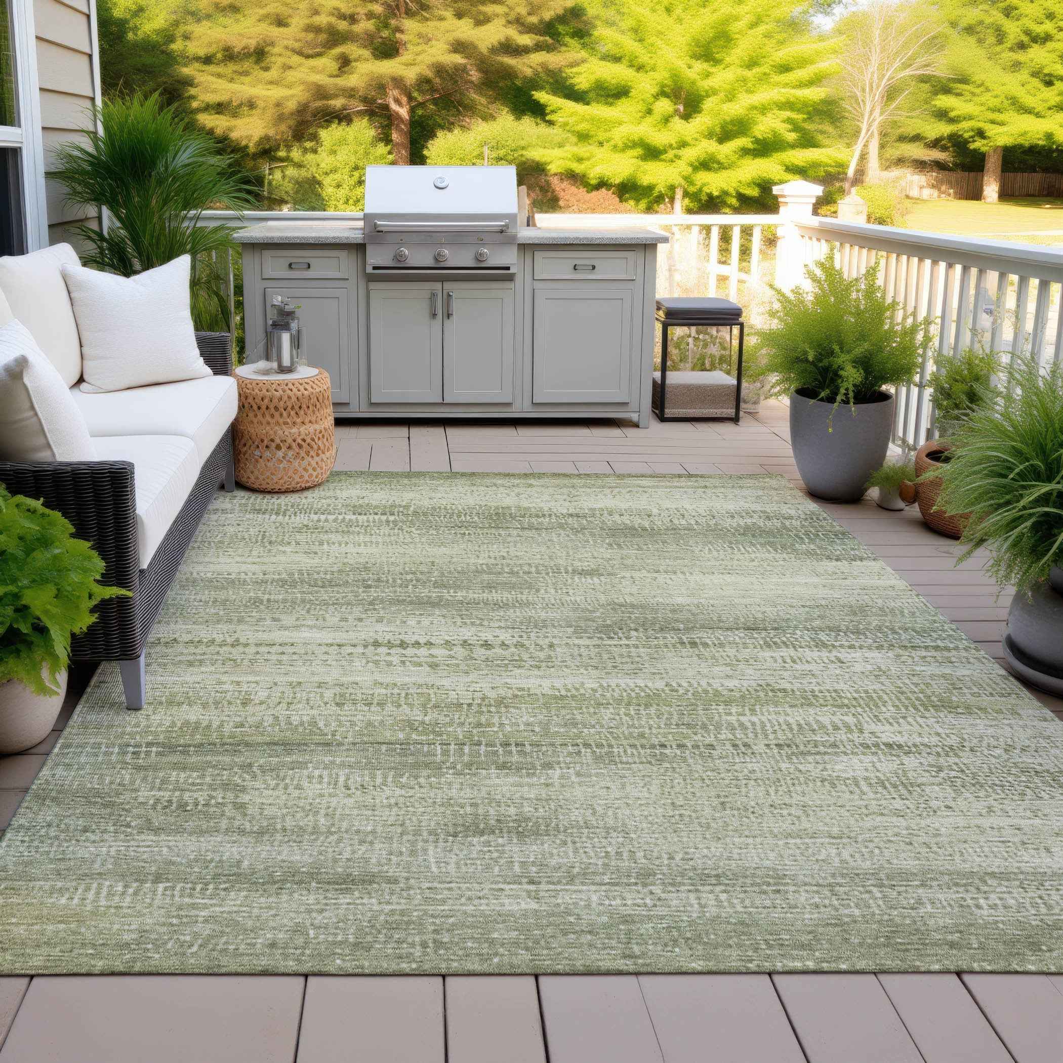 3' X 5' Artichoke Green And Beige Abstract Washable Indoor Outdoor Area Rug