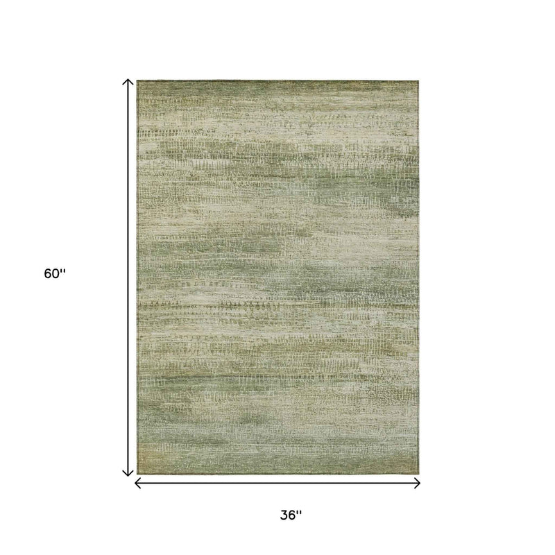 3' X 5' Artichoke Green And Beige Abstract Washable Indoor Outdoor Area Rug