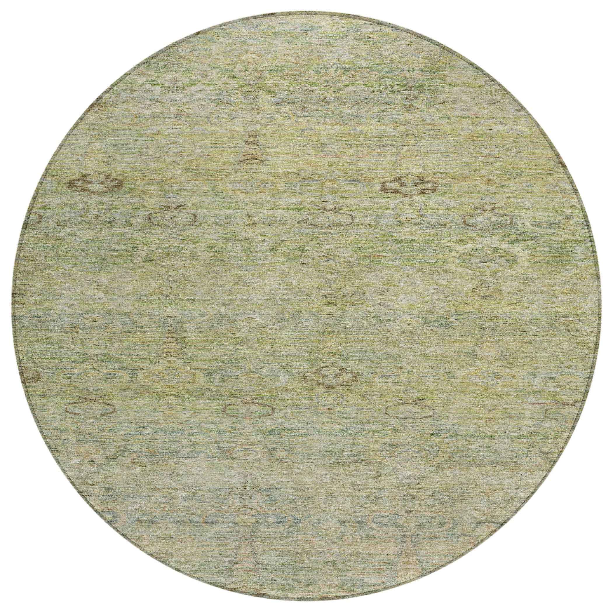 8' Green And Gold Round Oriental Washable Indoor Outdoor Area Rug
