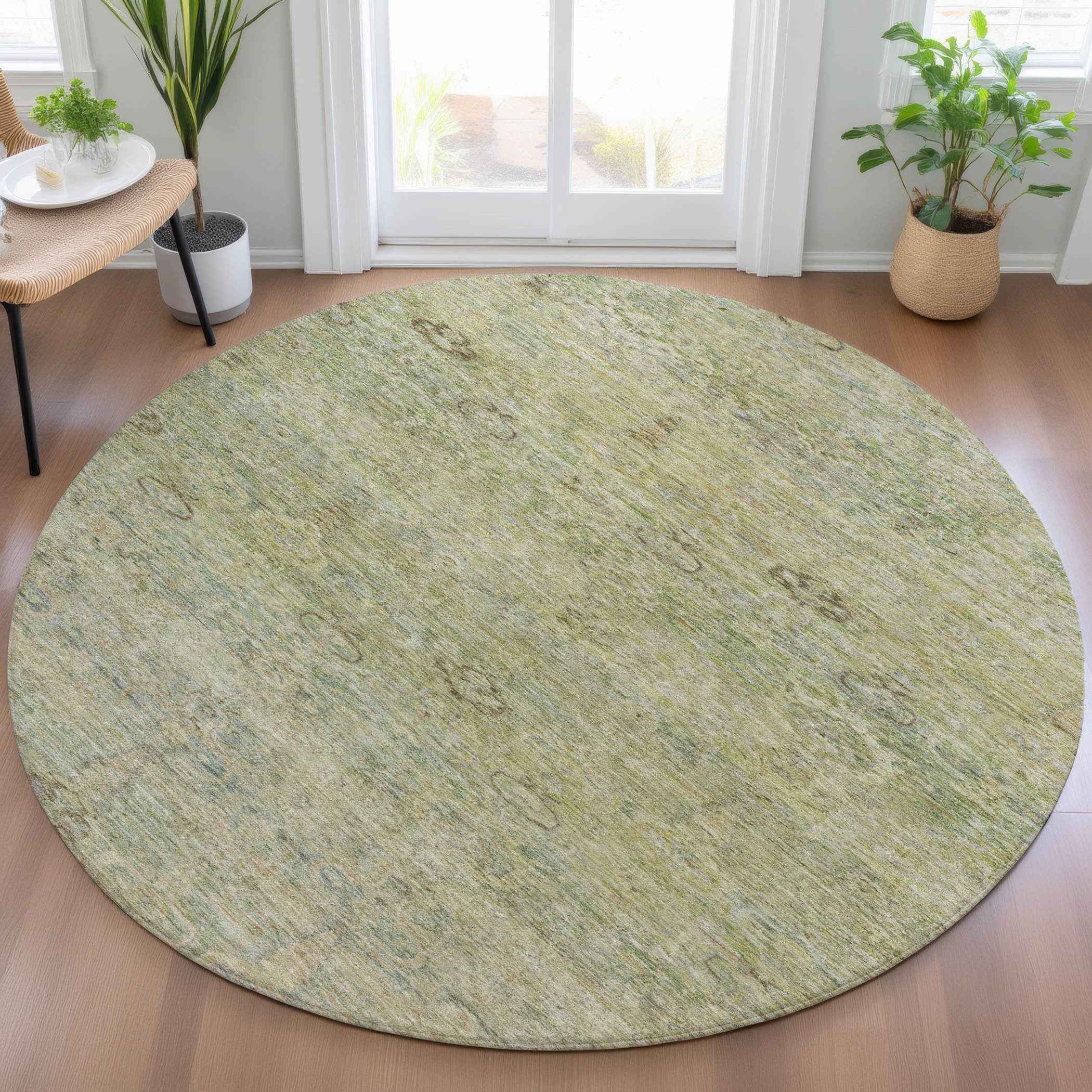 8' Green And Gold Round Oriental Washable Indoor Outdoor Area Rug