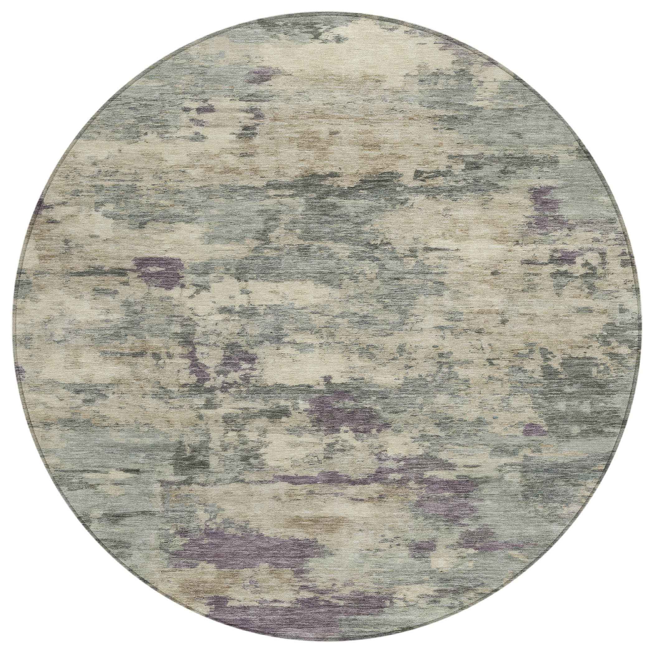 8' Sage Gray And Plum Round Abstract Washable Indoor Outdoor Area Rug