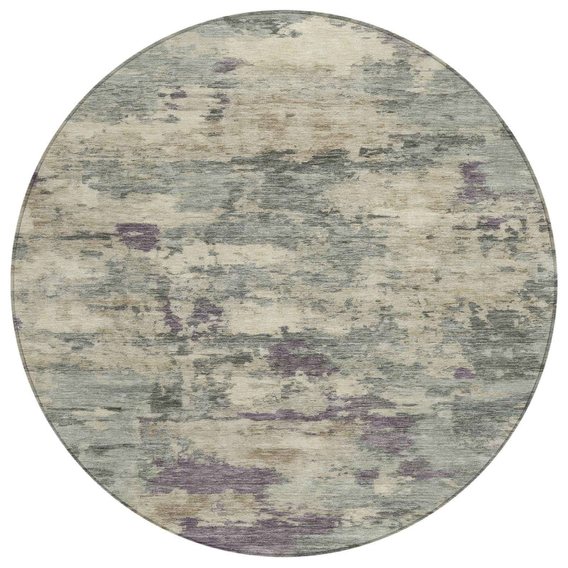 8' Sage Gray And Plum Round Abstract Washable Indoor Outdoor Area Rug