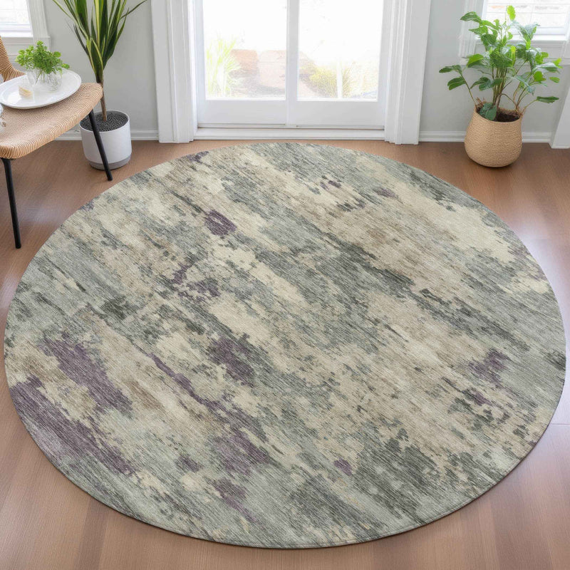 8' Sage Gray And Plum Round Abstract Washable Indoor Outdoor Area Rug