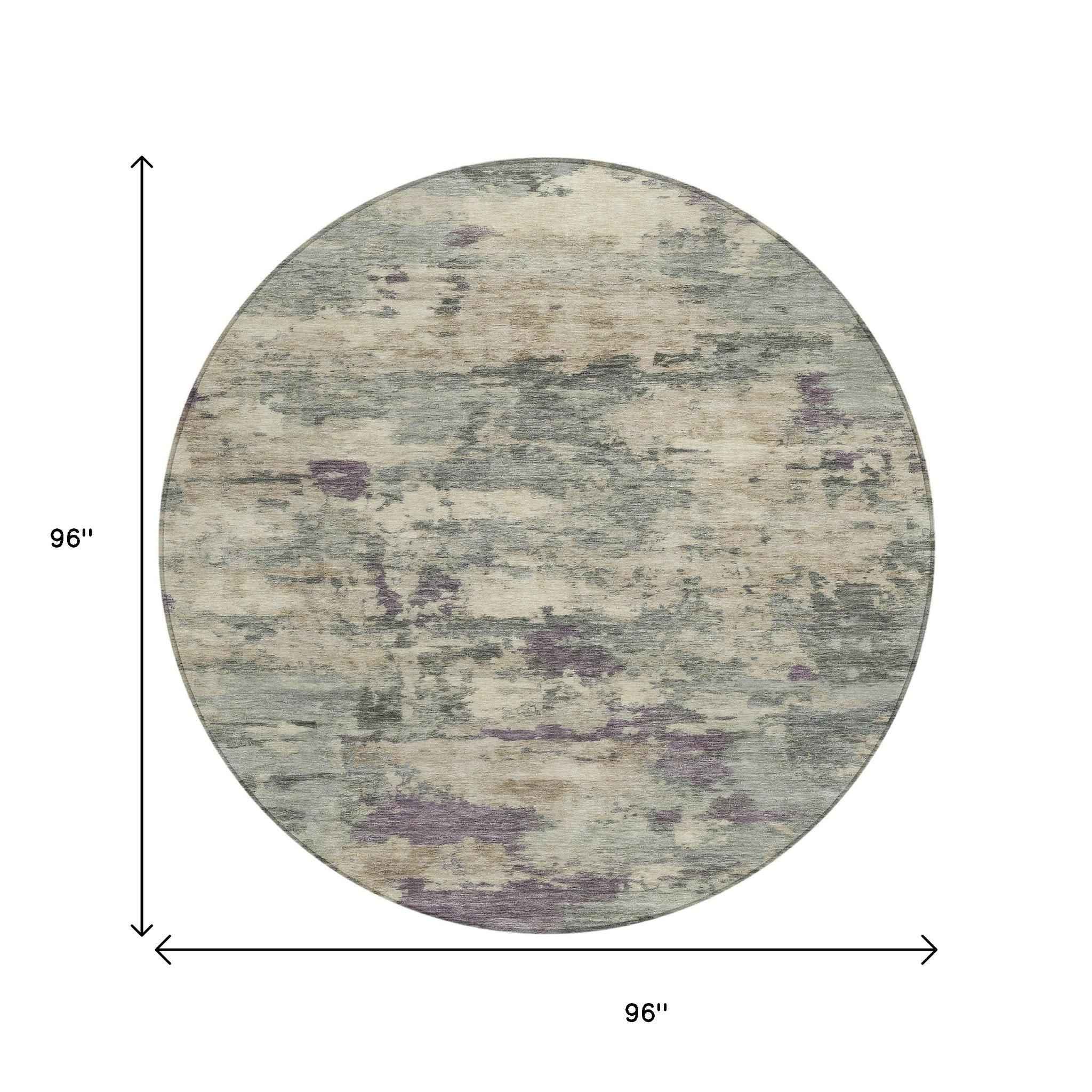 8' Sage Gray And Plum Round Abstract Washable Indoor Outdoor Area Rug