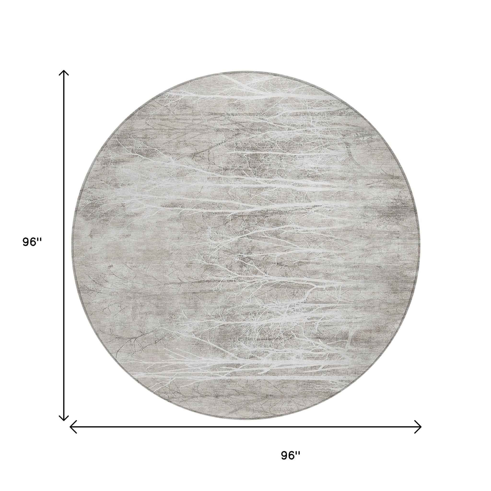 8' Silver And Gray Round Floral Washable Indoor Outdoor Area Rug