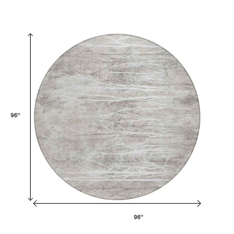 8' Silver And Gray Round Floral Washable Indoor Outdoor Area Rug