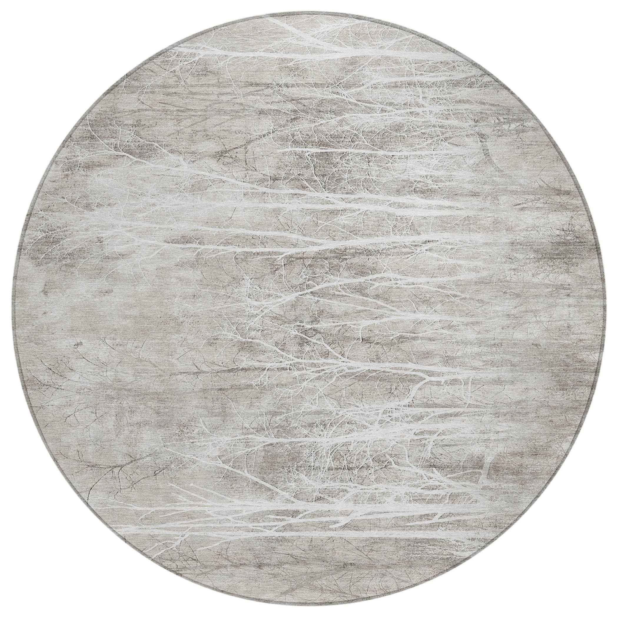 8' Silver And Gray Round Floral Washable Indoor Outdoor Area Rug