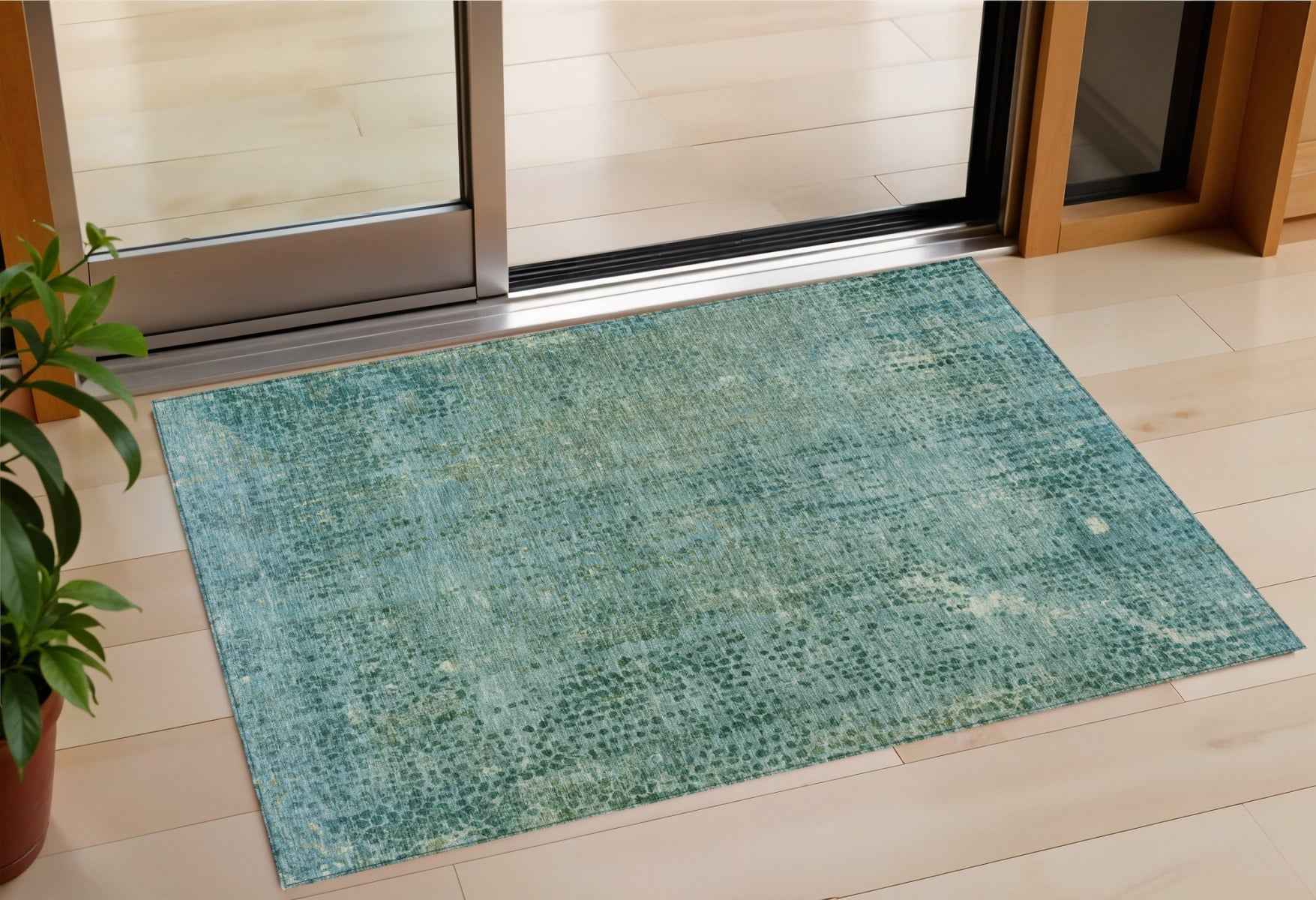 3' X 5' Teal Blue And Ivory Abstract Washable Indoor Outdoor Area Rug