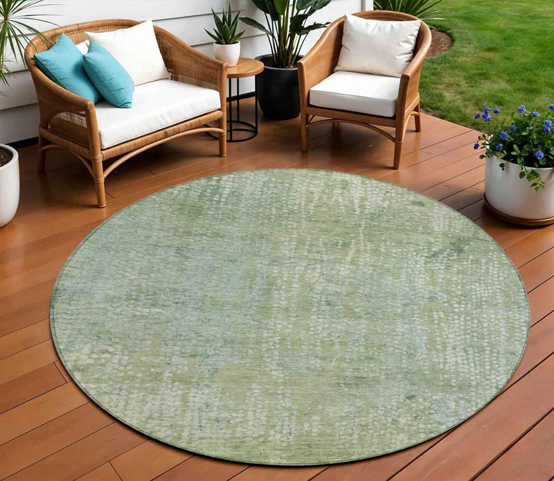 8' Green And Ivory Round Abstract Washable Indoor Outdoor Area Rug