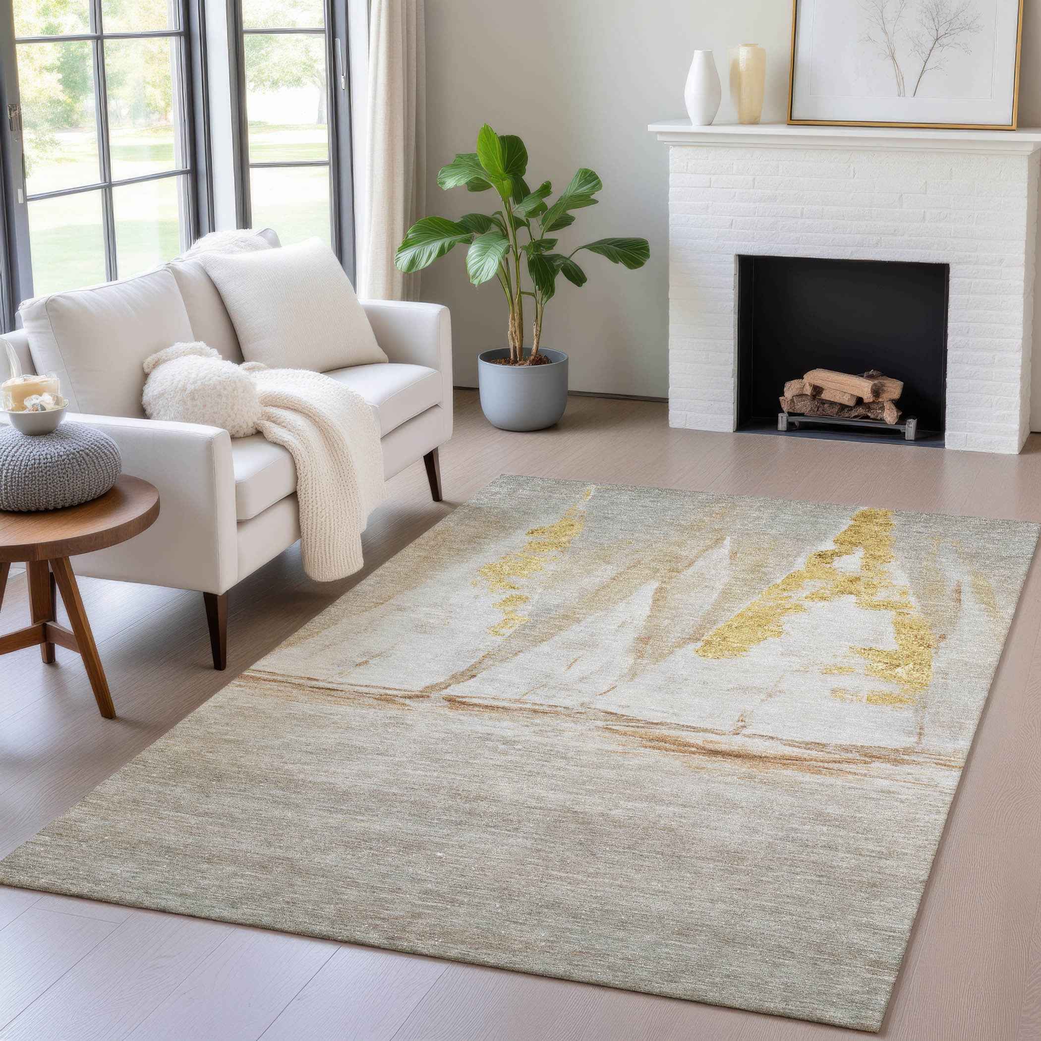 3' X 5' Taupe And Gold Nautical Washable Indoor Outdoor Area Rug