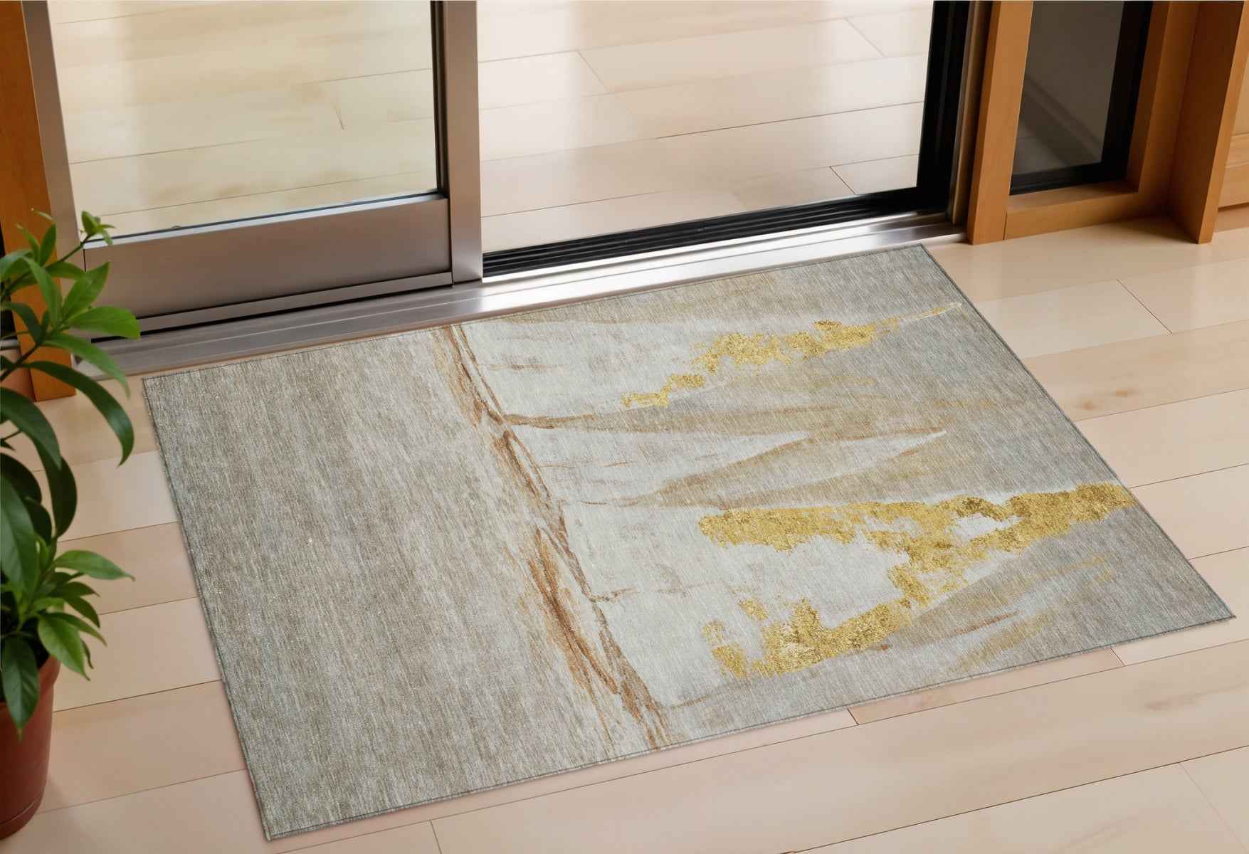 3' X 5' Taupe And Gold Nautical Washable Indoor Outdoor Area Rug
