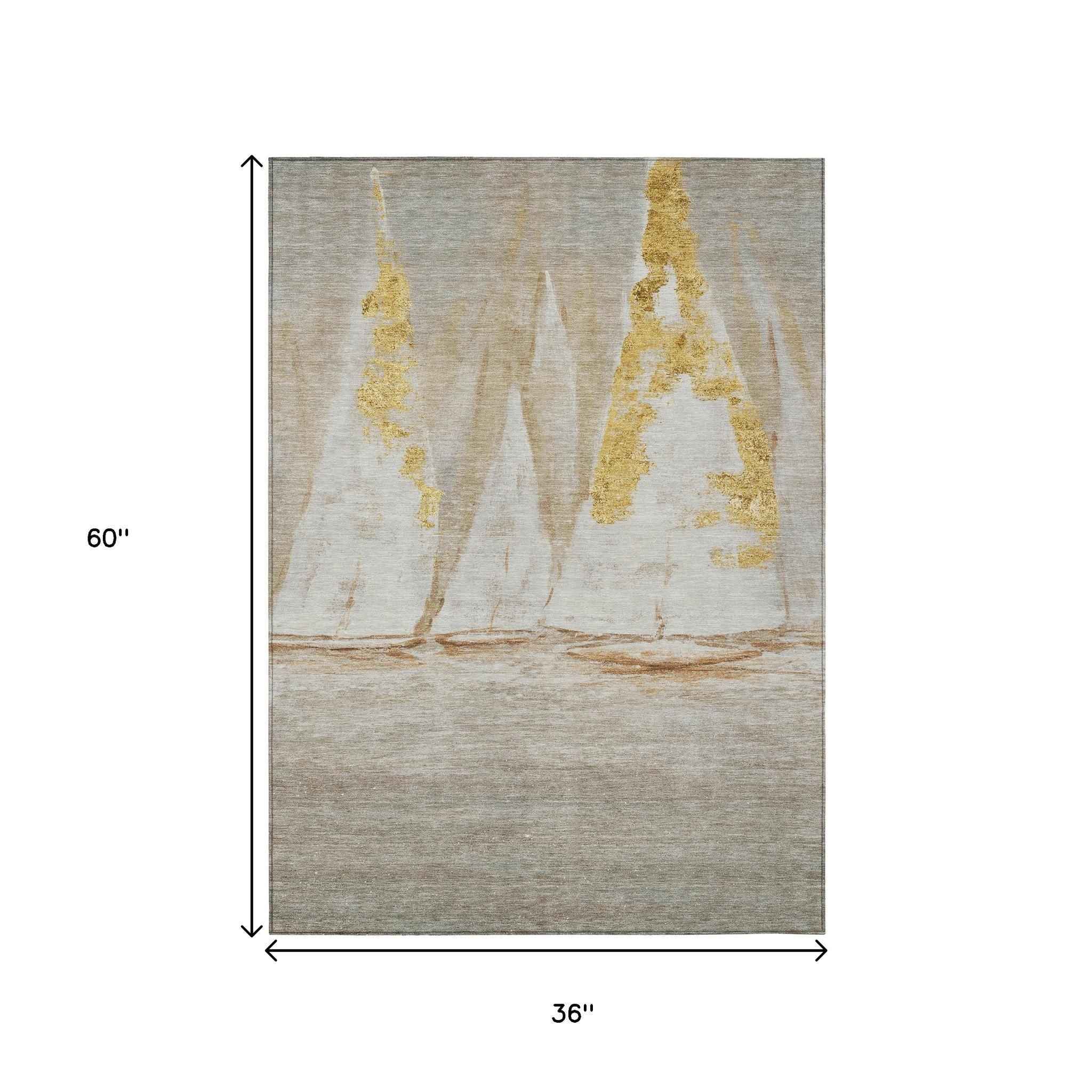 3' X 5' Taupe And Gold Nautical Washable Indoor Outdoor Area Rug