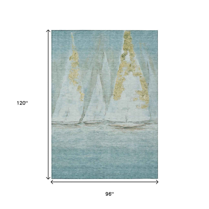 8' X 10' Teal Blue And Gold Nautical Washable Indoor Outdoor Area Rug