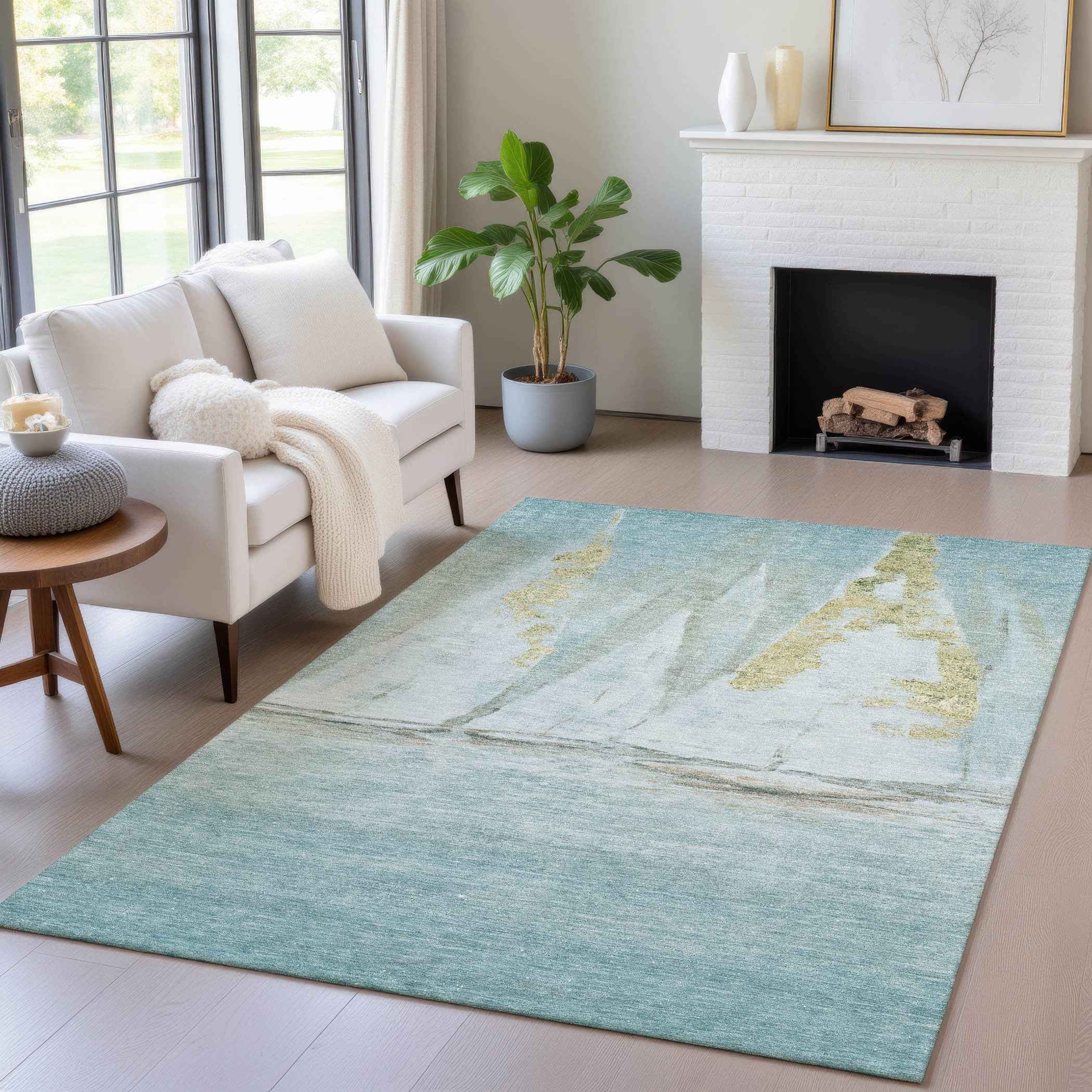 8' X 10' Teal Blue And Gold Nautical Washable Indoor Outdoor Area Rug