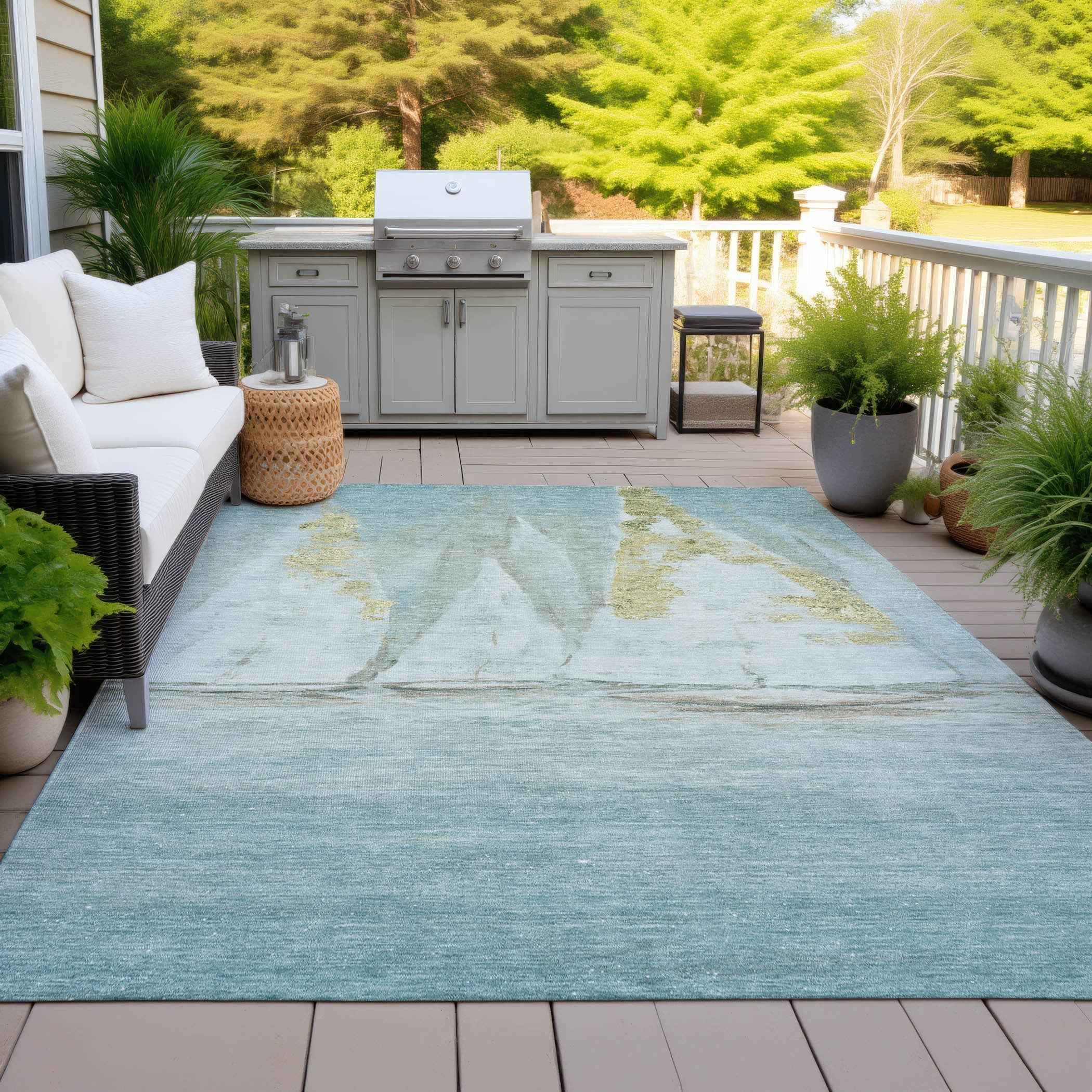 8' X 10' Teal Blue And Gold Nautical Washable Indoor Outdoor Area Rug