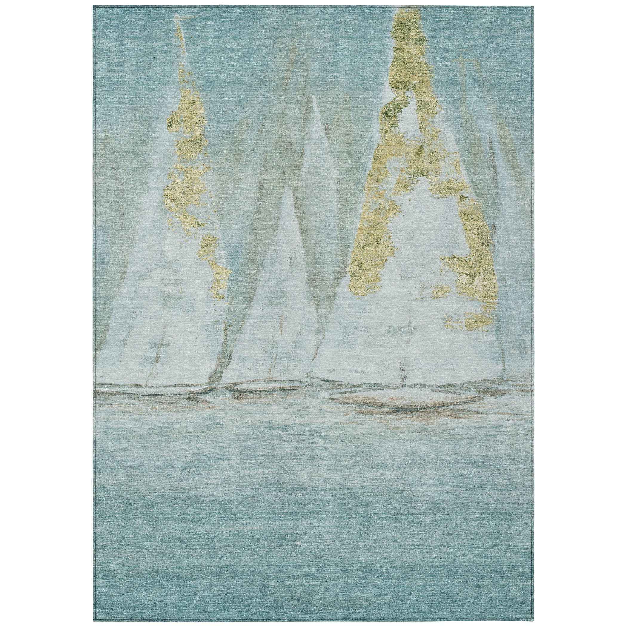 8' X 10' Teal Blue And Gold Nautical Washable Indoor Outdoor Area Rug
