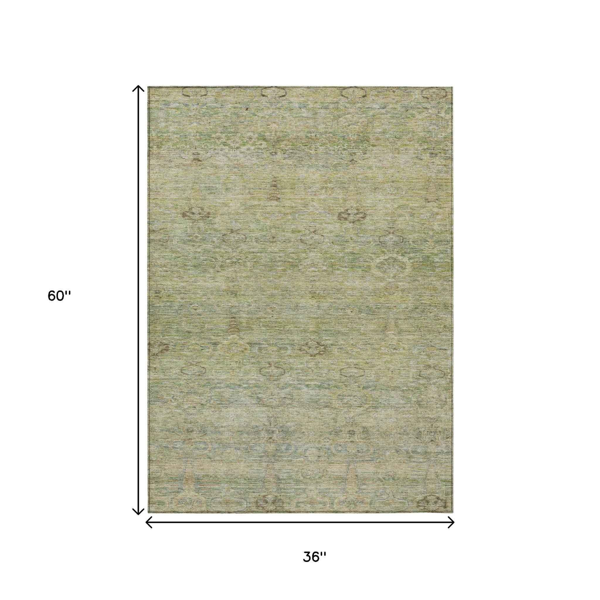 3' X 5' Green And Gold Oriental Washable Indoor Outdoor Area Rug