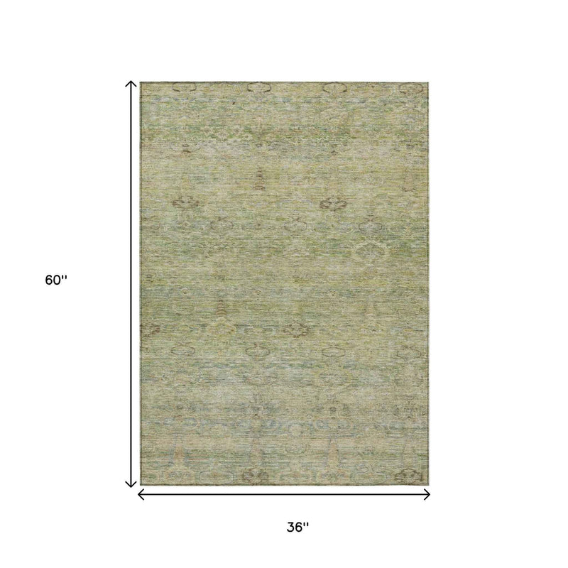 3' X 5' Green And Gold Oriental Washable Indoor Outdoor Area Rug