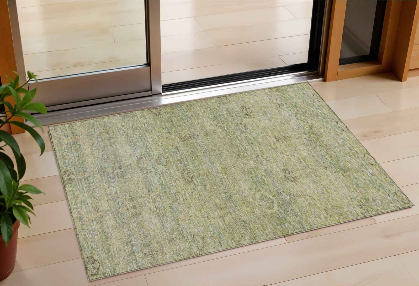 3' X 5' Green And Gold Oriental Washable Indoor Outdoor Area Rug