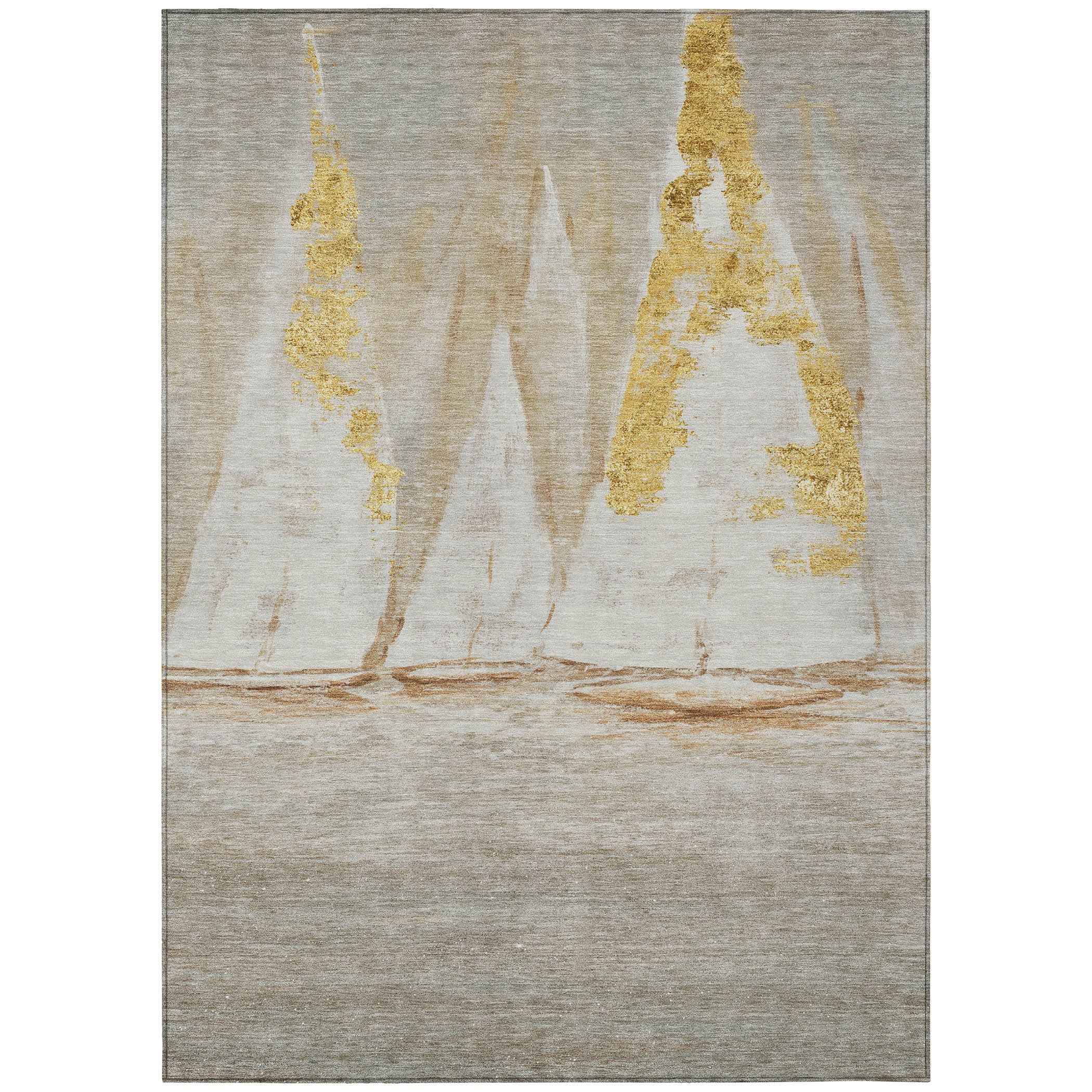 8' X 10' Taupe And Gold Nautical Washable Indoor Outdoor Area Rug