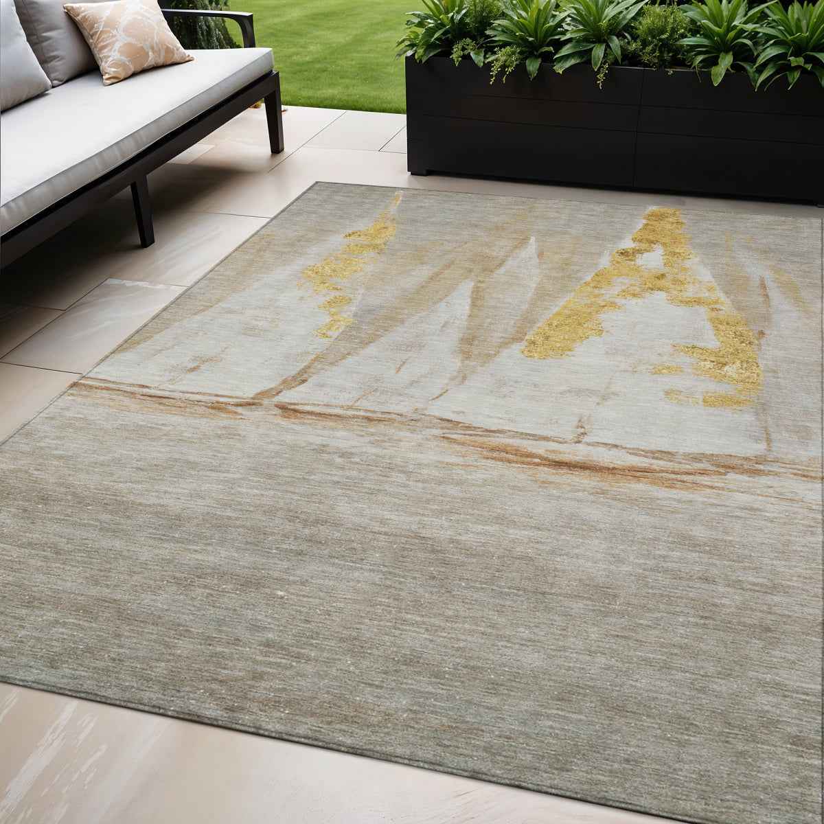 8' X 10' Taupe And Gold Nautical Washable Indoor Outdoor Area Rug