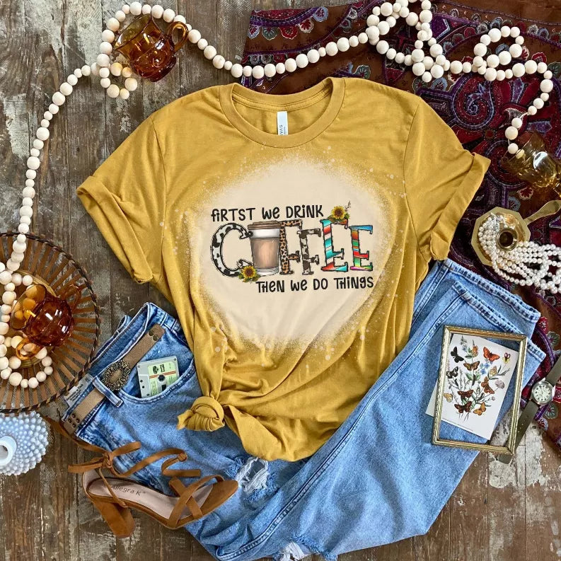 Yellow short-sleeve T-shirt with coffee graphic front and crew neck
