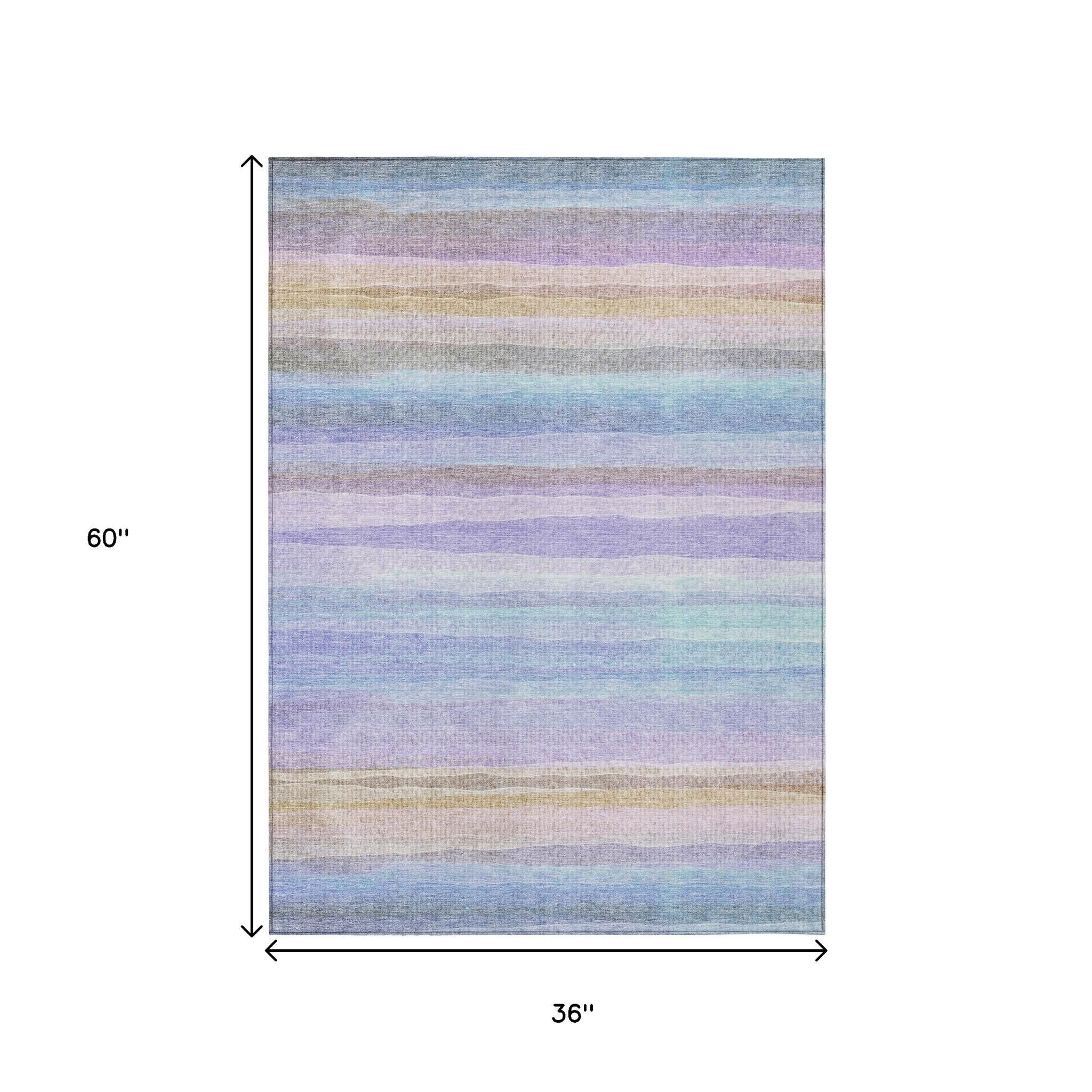 3' X 5' Lavender Sky Blue And Beige Striped Washable Indoor Outdoor Area Rug - Sports & Outdoor