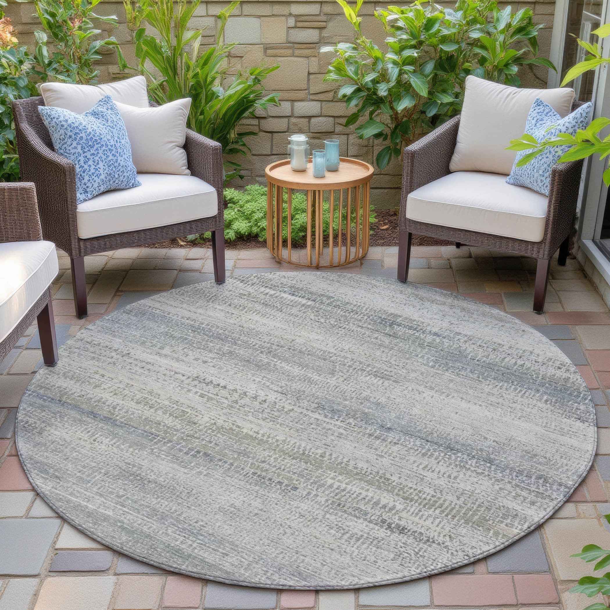 8' Linen And Beige Round Abstract Washable Indoor Outdoor Area Rug