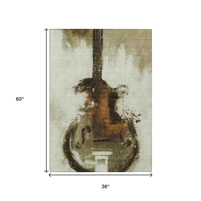 3' X 5' Brown Copper And Charcoal Abstract Washable Indoor Outdoor Area Rug