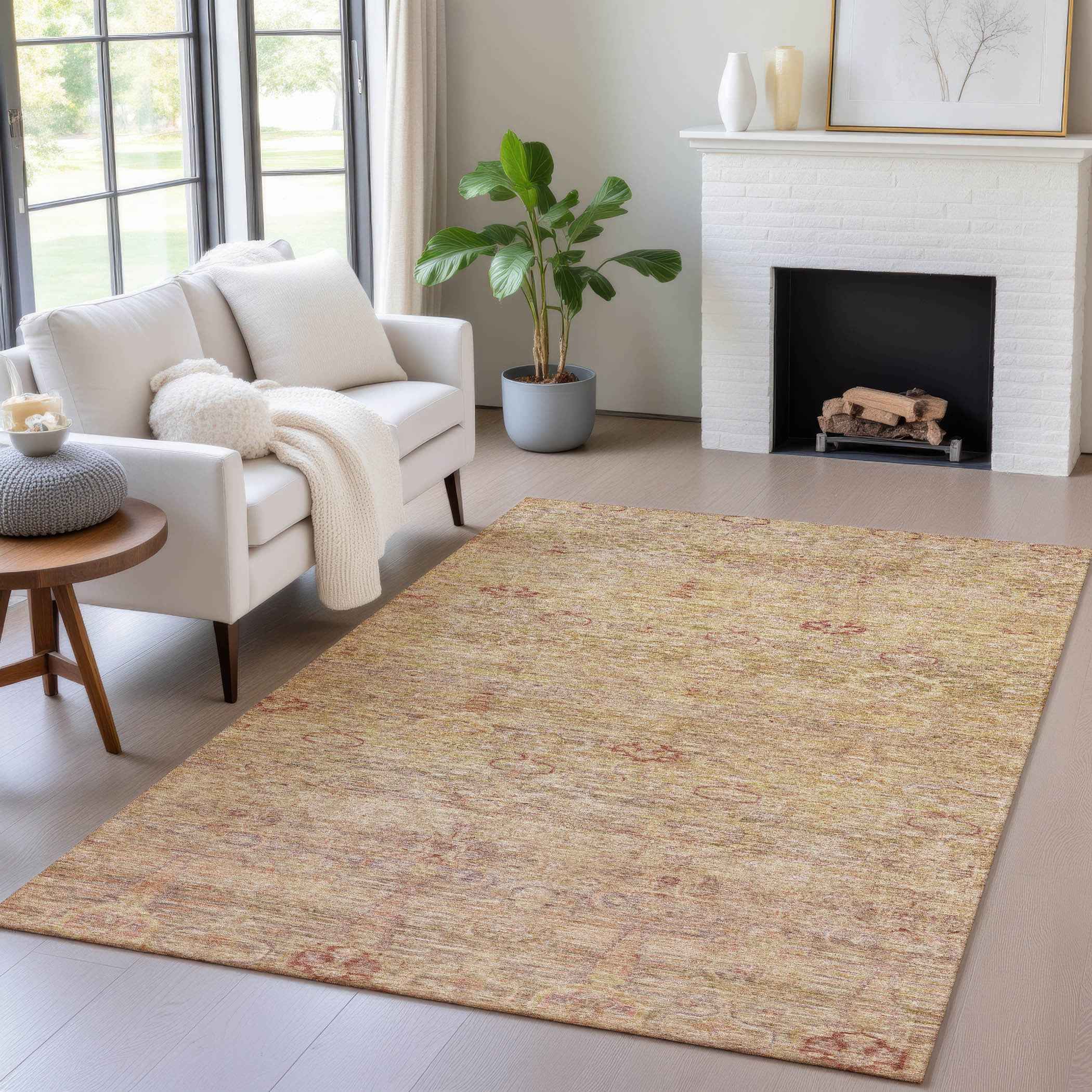 3' X 5' Coral And Copper Oriental Washable Indoor Outdoor Area Rug