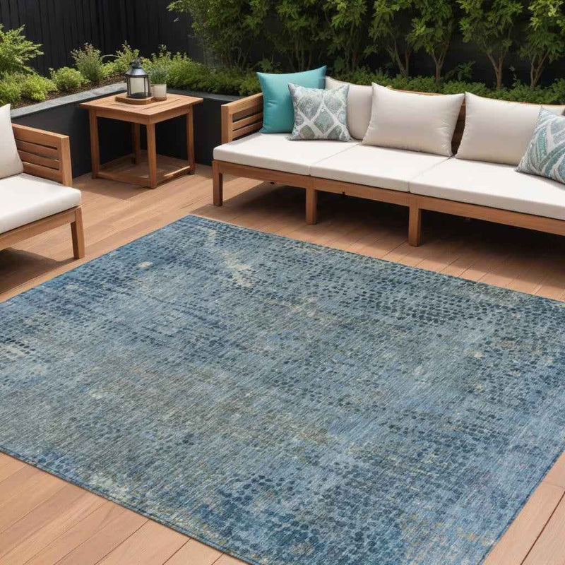 8' X 10' Blue And Ivory Abstract Washable Indoor Outdoor Area Rug