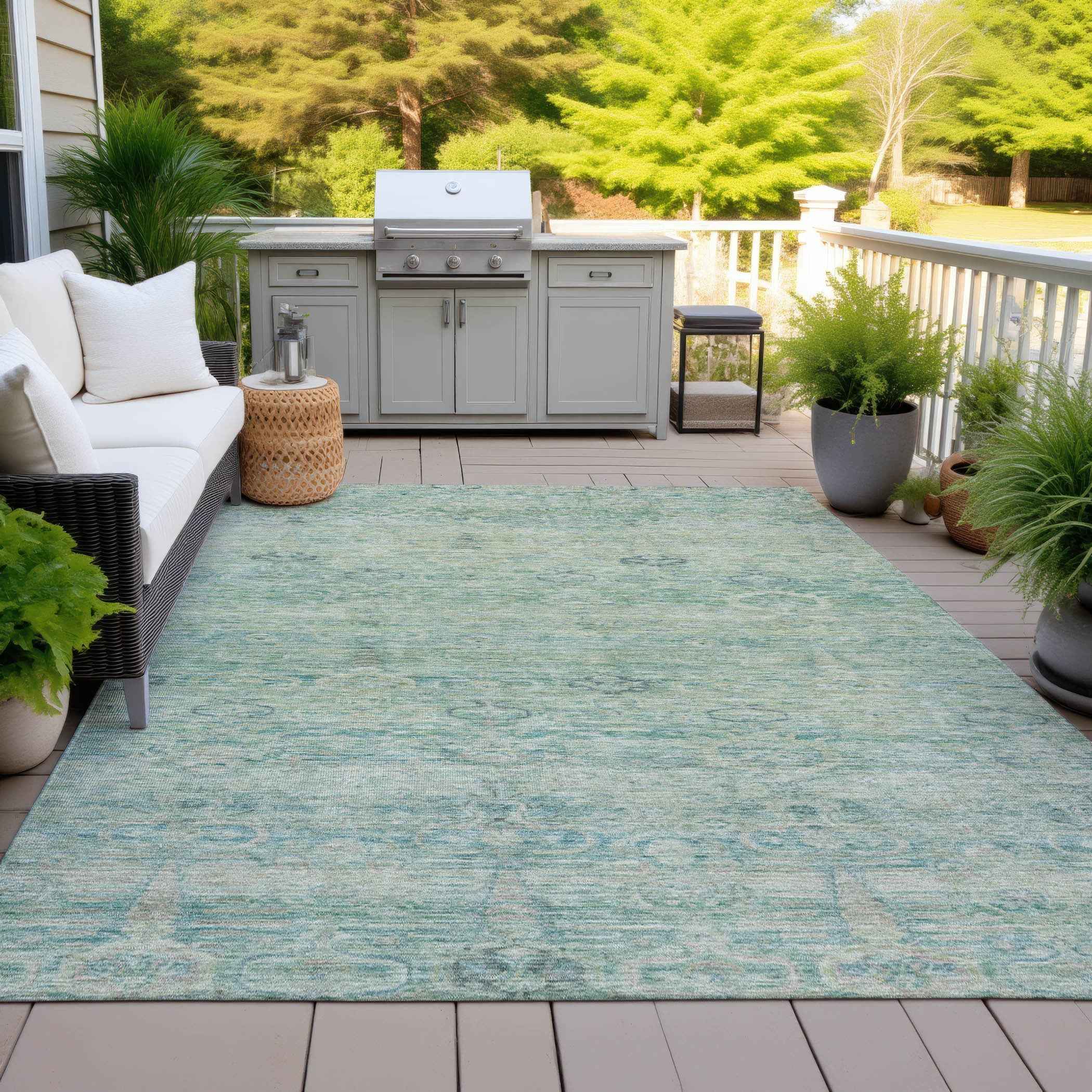8' X 10' Teal Blue And Linen Oriental Washable Indoor Outdoor Area Rug